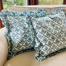 Load image into Gallery viewer, Block Printed Frill Edge Cushion - Walled Garden Blue