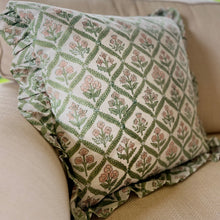 Load image into Gallery viewer, Block Printed Frill Edge Cushion - Walled Garden Green/Pink