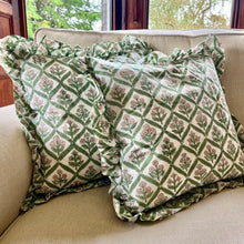 Load image into Gallery viewer, Block Printed Frill Edge Cushion - Walled Garden Green/Pink