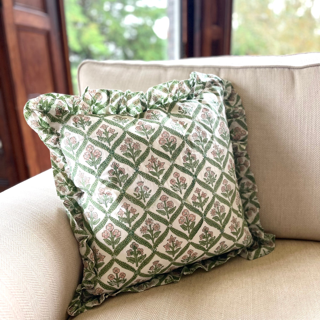 Block Printed Frill Edge Cushion - Walled Garden Green/Pink